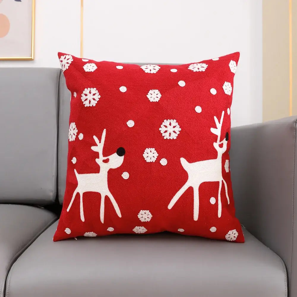 DecorBites™ Christmas Embroidery Cushion Cover 45x45cm Santa Deer Snowflake Pillowcase Square Cotton