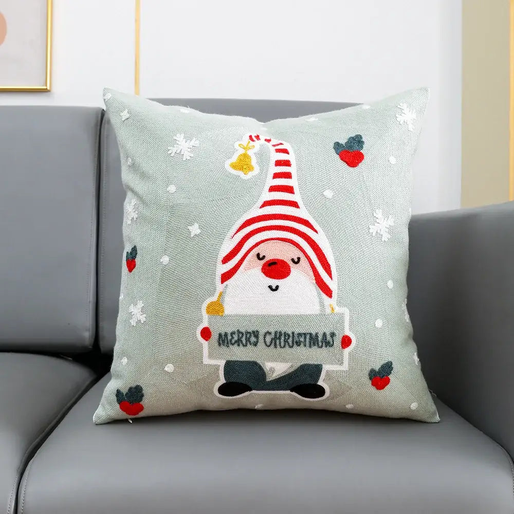 DecorBites™ Christmas Embroidery Cushion Cover 45x45cm Santa Deer Snowflake Pillowcase Square Cotton