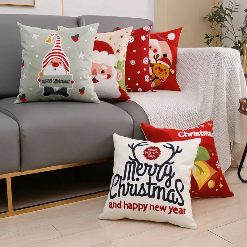 DecorBites™ Christmas Embroidery Cushion Cover 45x45cm Santa Deer Snowflake Pillowcase Square Cotton