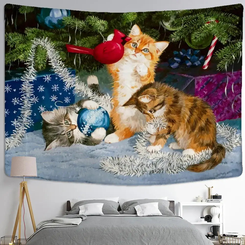 DecorBites™ Christmas Kitten Snowman Tapestry Wall Hanging - Anime Cute Illustration Home Decor