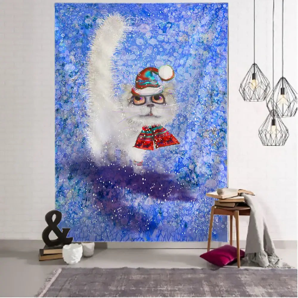DecorBites™ Christmas Kitten Snowman Tapestry Wall Hanging - Anime Cute Illustration Home Decor