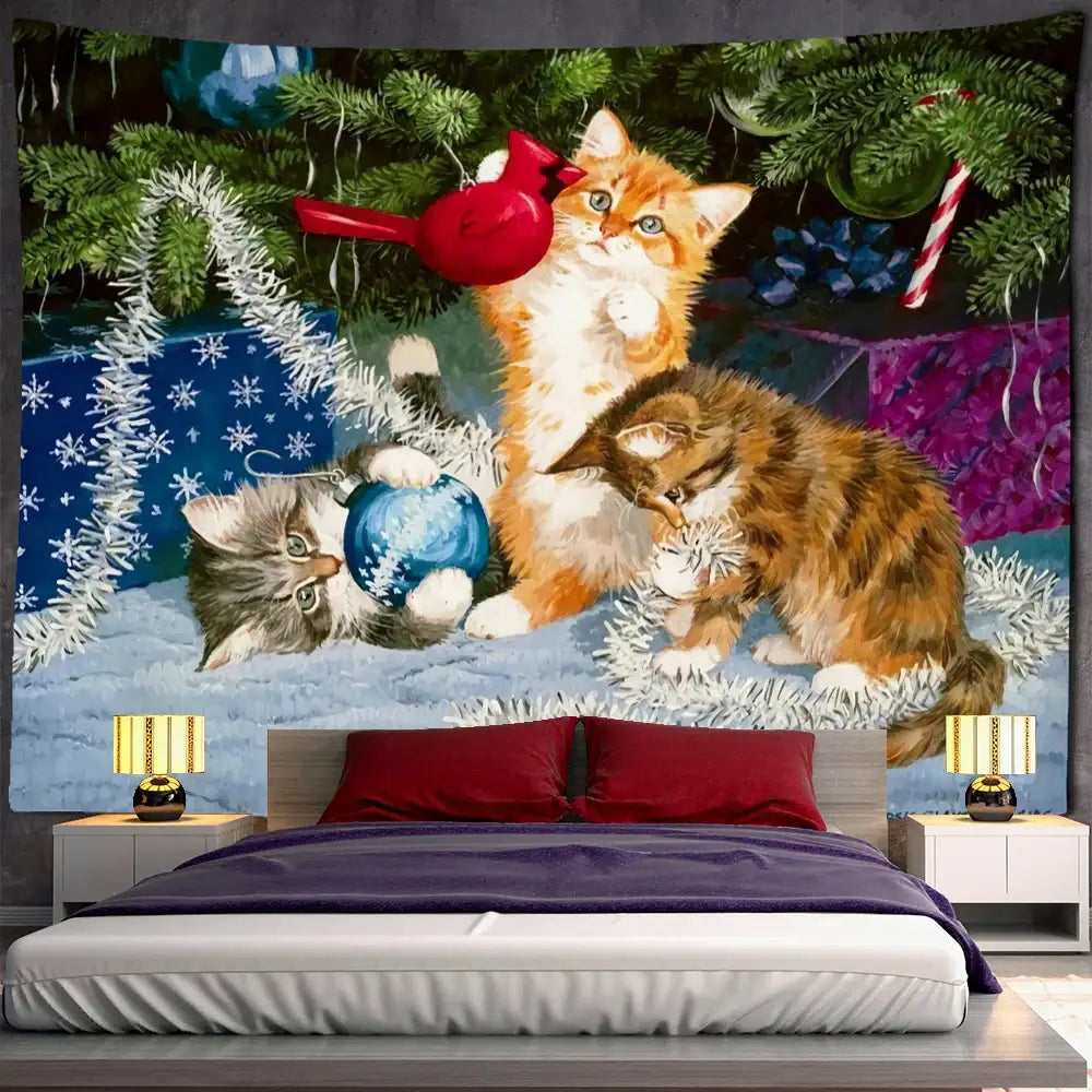 DecorBites™ Christmas Kitten Snowman Tapestry Wall Hanging - Anime Cute Illustration Home Decor