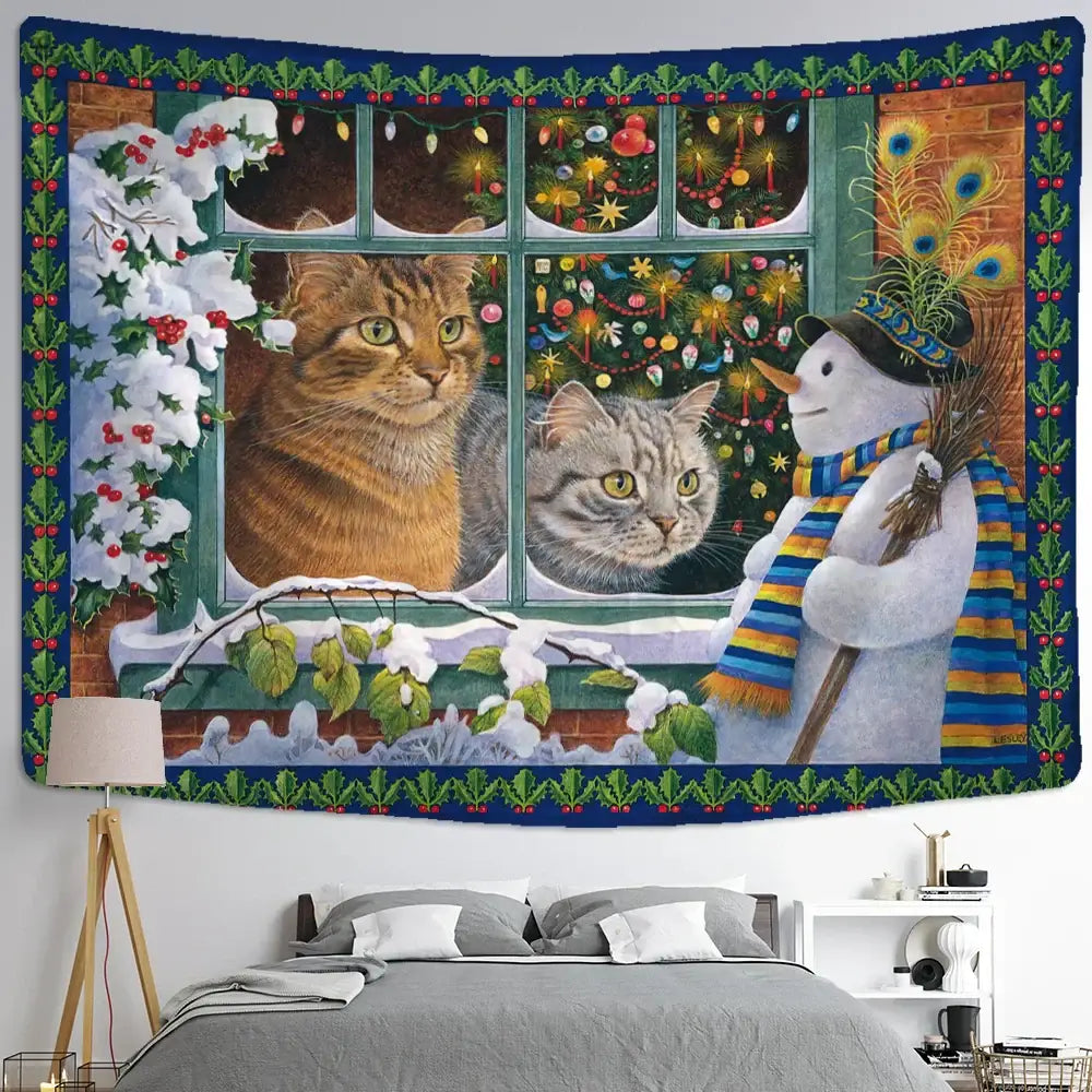 DecorBites™ Christmas Kitten Snowman Tapestry Wall Hanging - Anime Cute Illustration Home Decor