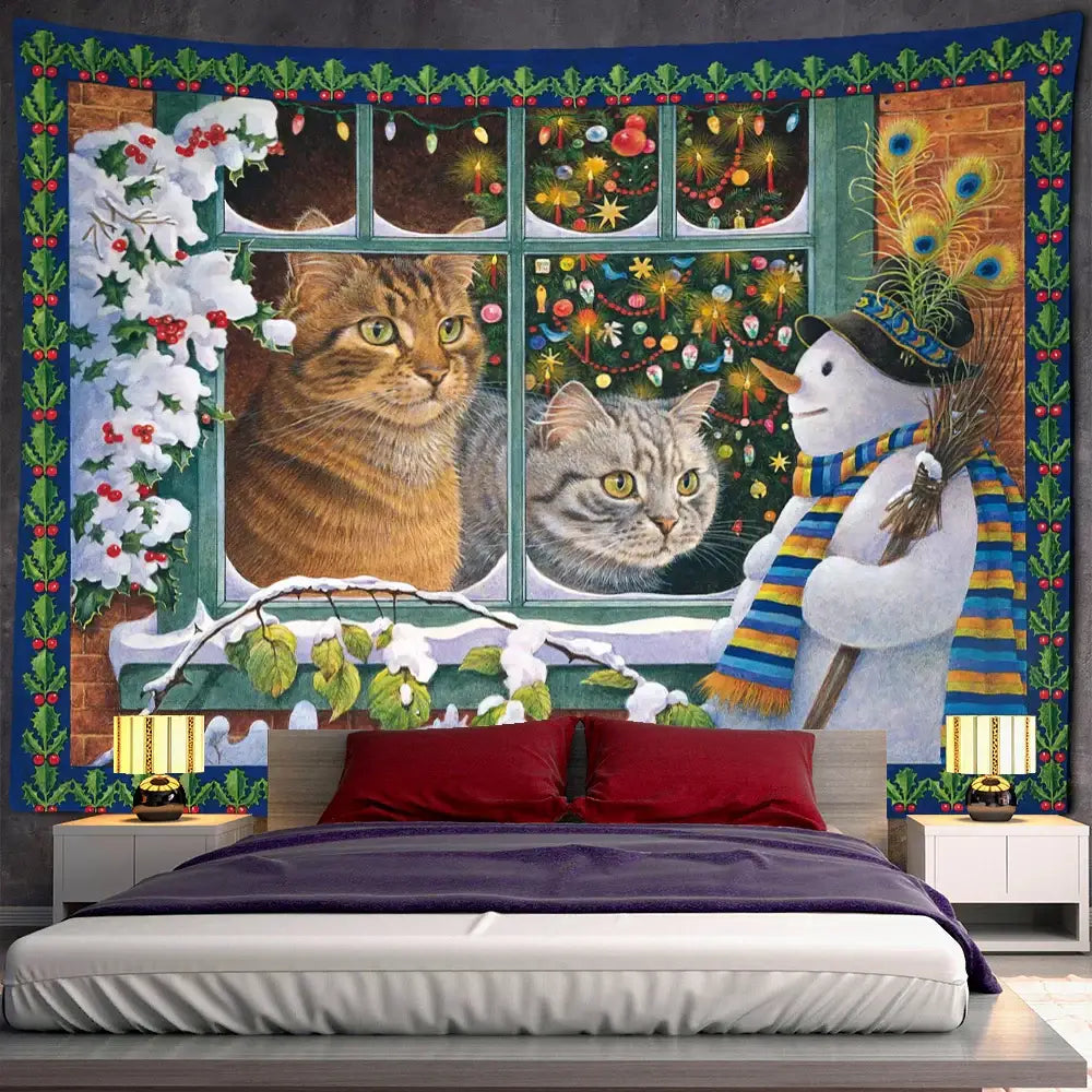 DecorBites™ Christmas Kitten Snowman Tapestry Wall Hanging - Anime Cute Illustration Home Decor