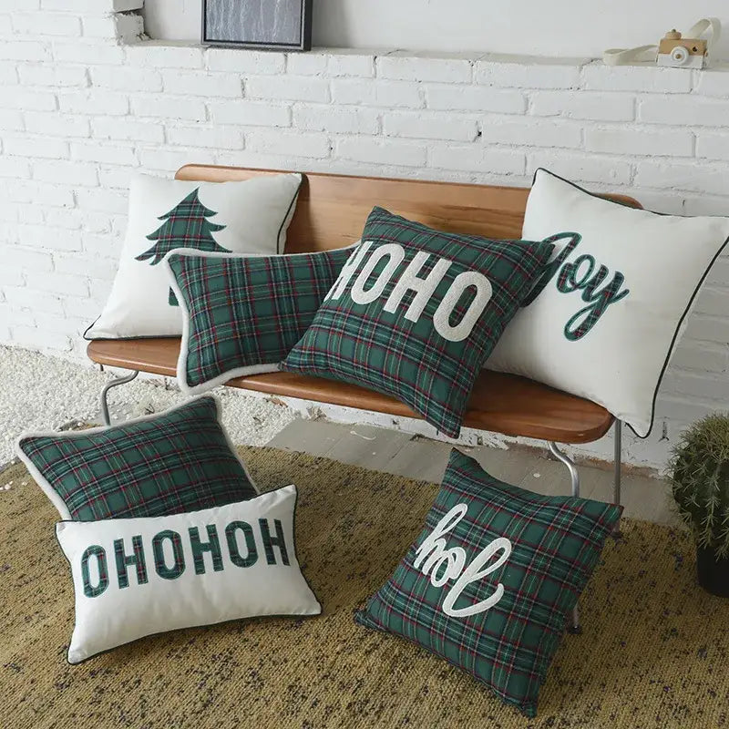 DecorBites™ Christmas Plaid Cotton Canvas Cushion Cover with Snowflake Embroidery