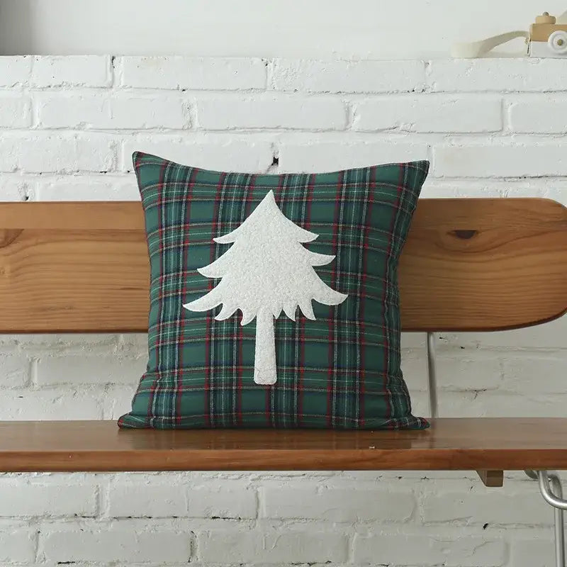 DecorBites™ Christmas Plaid Cotton Canvas Cushion Cover with Snowflake Embroidery