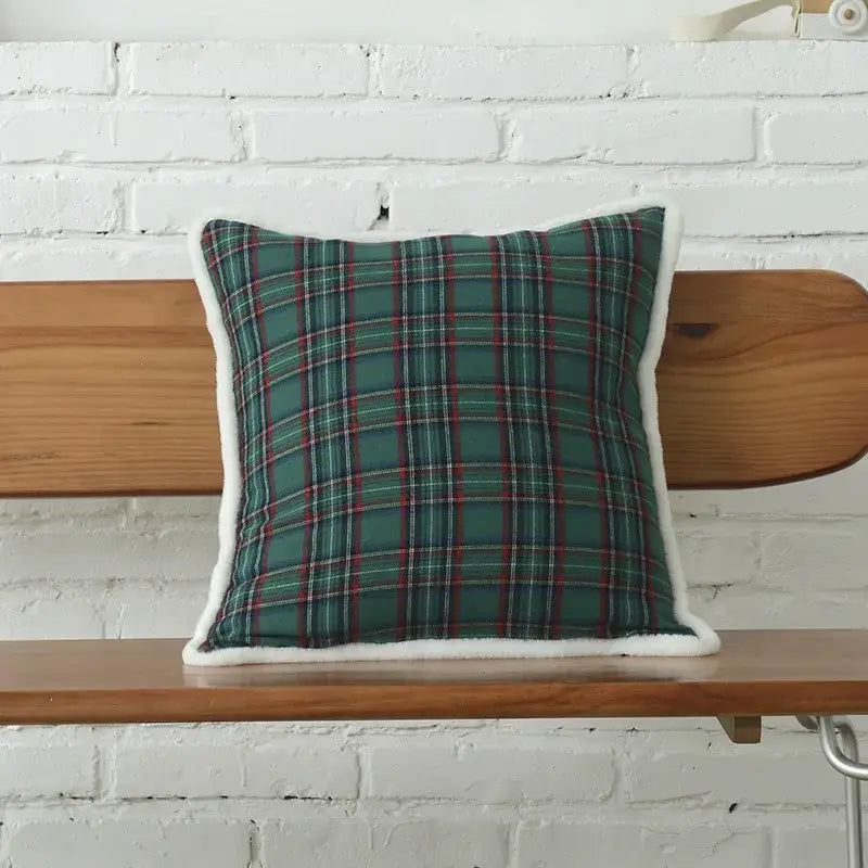 DecorBites™ Christmas Plaid Cotton Canvas Cushion Cover with Snowflake Embroidery