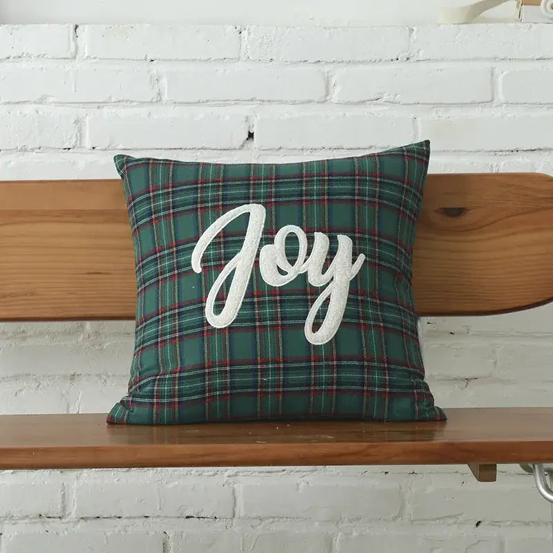 DecorBites™ Christmas Plaid Cotton Canvas Cushion Cover with Snowflake Embroidery