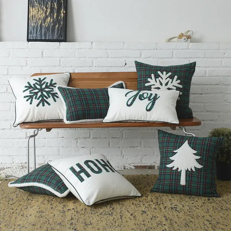 DecorBites™ Christmas Plaid Cotton Canvas Cushion Cover with Snowflake Embroidery