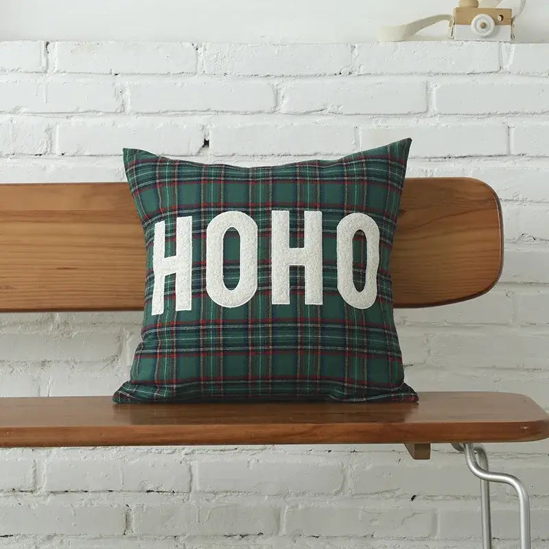 DecorBites™ Christmas Plaid Cotton Canvas Cushion Cover with Snowflake Embroidery