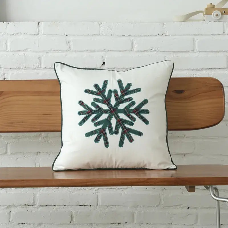 DecorBites™ Christmas Plaid Cotton Cushion Cover with Letter Snowflake Embroidery