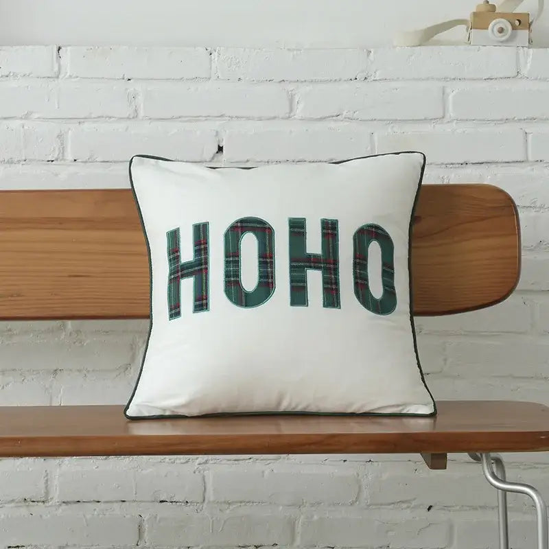 DecorBites™ Christmas Plaid Cotton Cushion Cover with Letter Snowflake Embroidery