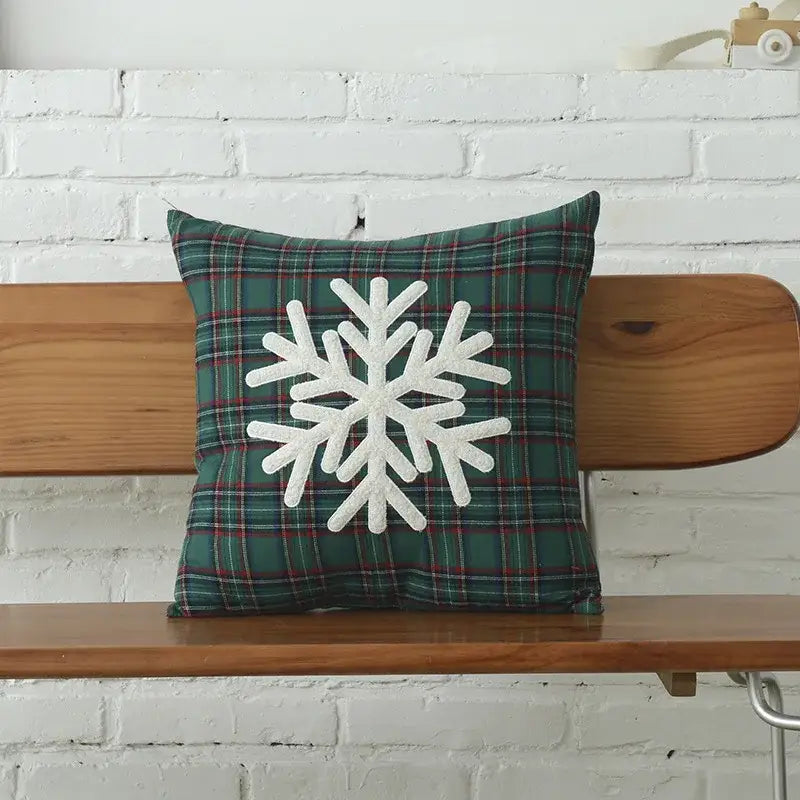 DecorBites™ Christmas Plaid Cotton Cushion Cover with Letter Snowflake Embroidery