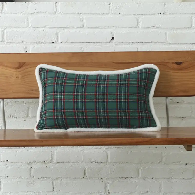 DecorBites™ Christmas Plaid Cotton Cushion Cover with Letter Snowflake Embroidery