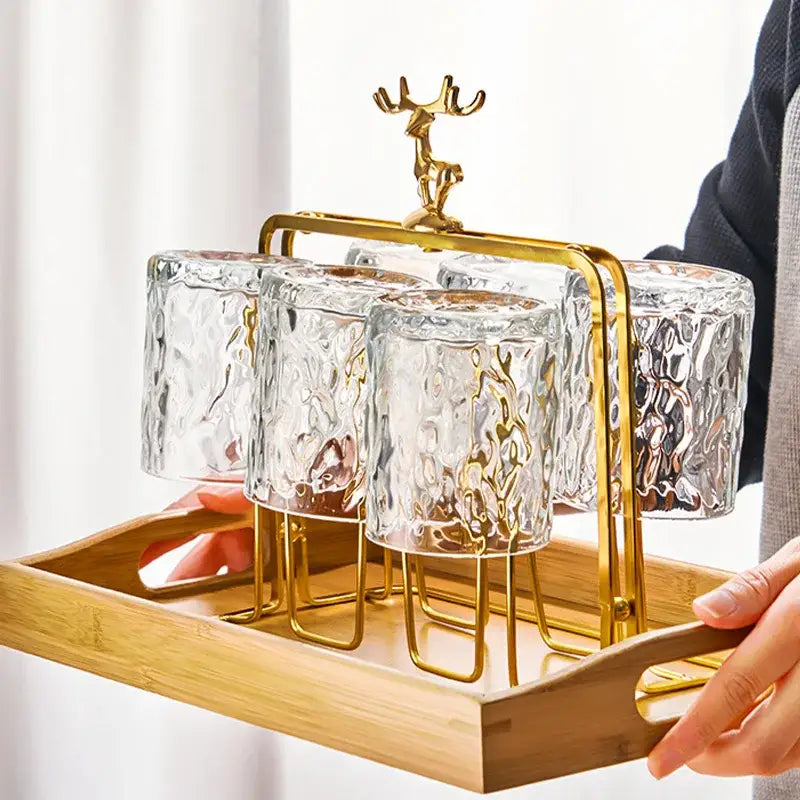 DecorBites™ Christmas Reindeer Cups Holder Set for Drying, Decorated with Transparent Glacier Water Glass