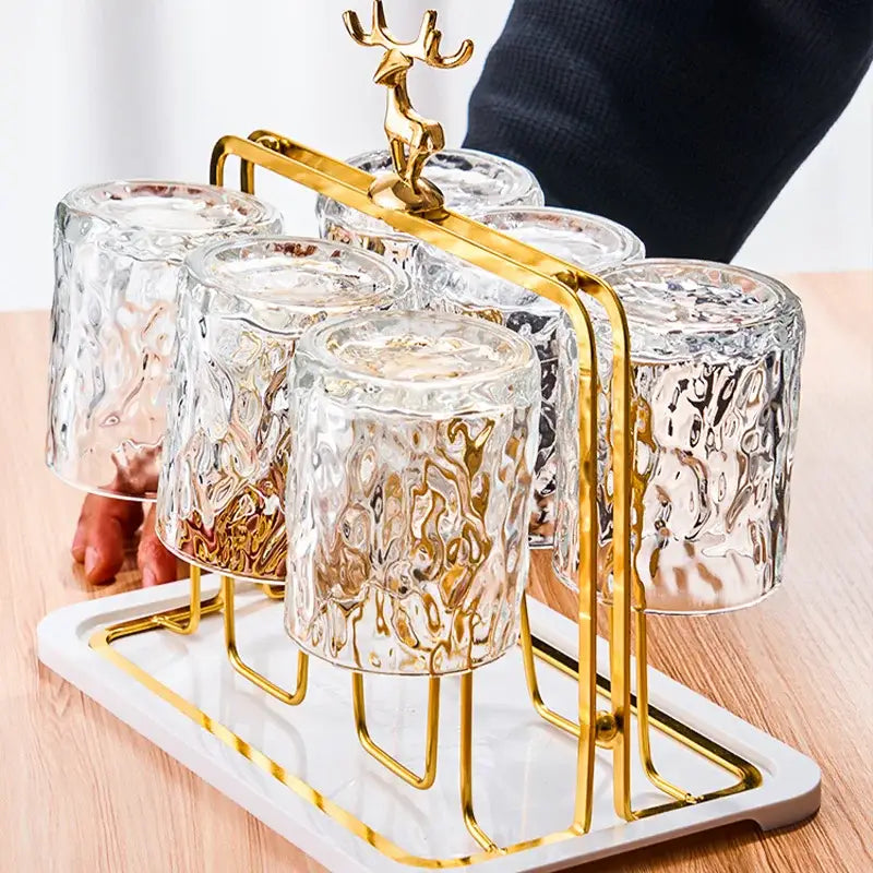 DecorBites™ Christmas Reindeer Cups Holder Set for Drying, Decorated with Transparent Glacier Water Glass