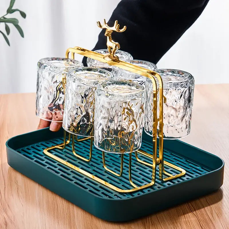 DecorBites™ Christmas Reindeer Cups Holder Set for Drying, Decorated with Transparent Glacier Water Glass