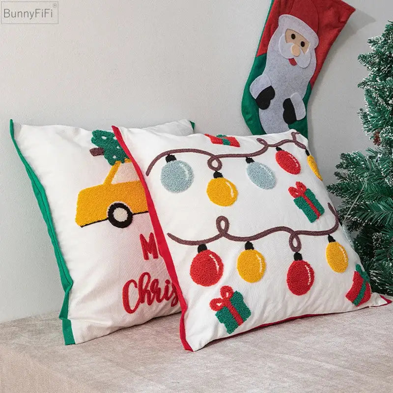 DecorBites™ Christmas Santa Snowflake Embroidery Pillow Cover Square Cotton 45x45cm