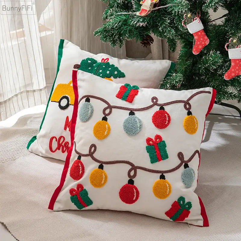 DecorBites™ Christmas Santa Snowflake Embroidery Pillow Cover Square Cotton 45x45cm