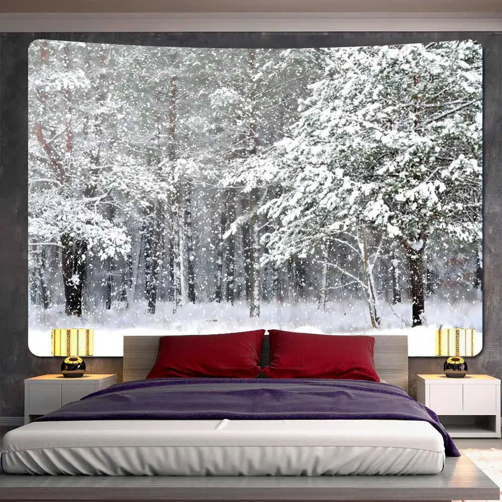 DecorBites™ Christmas Snow Forest Tapestry: Bohemian Bedroom Wall Decoration