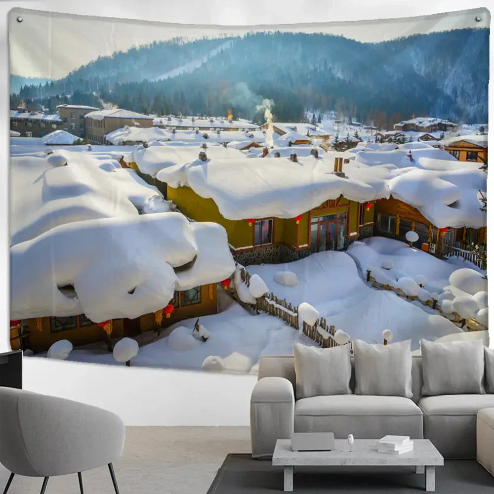 DecorBites™ Christmas Snow House Tapestry Wall Hanging Landscape Art Home Decor