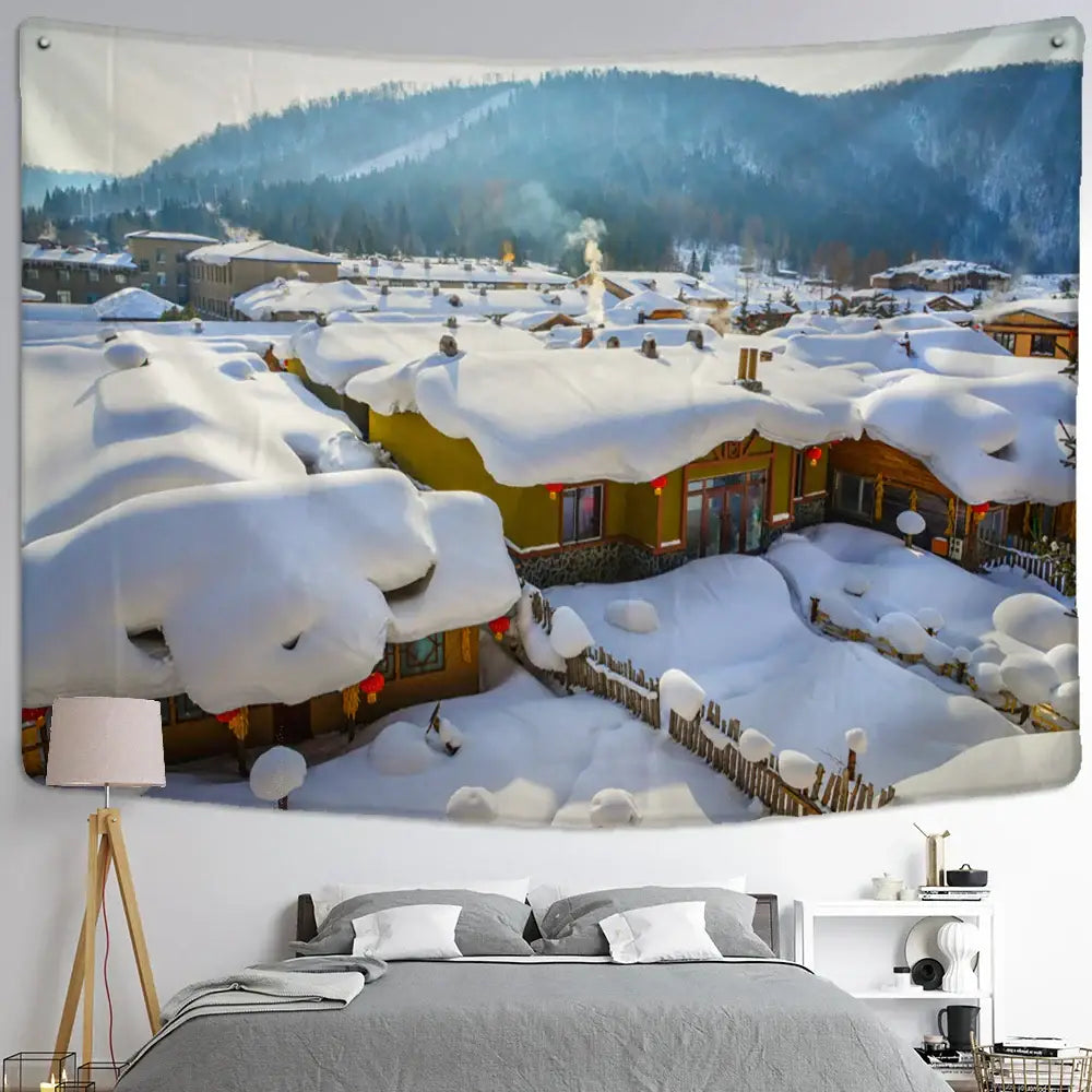 DecorBites™ Christmas Snow House Tapestry Wall Hanging Landscape Art Home Decor