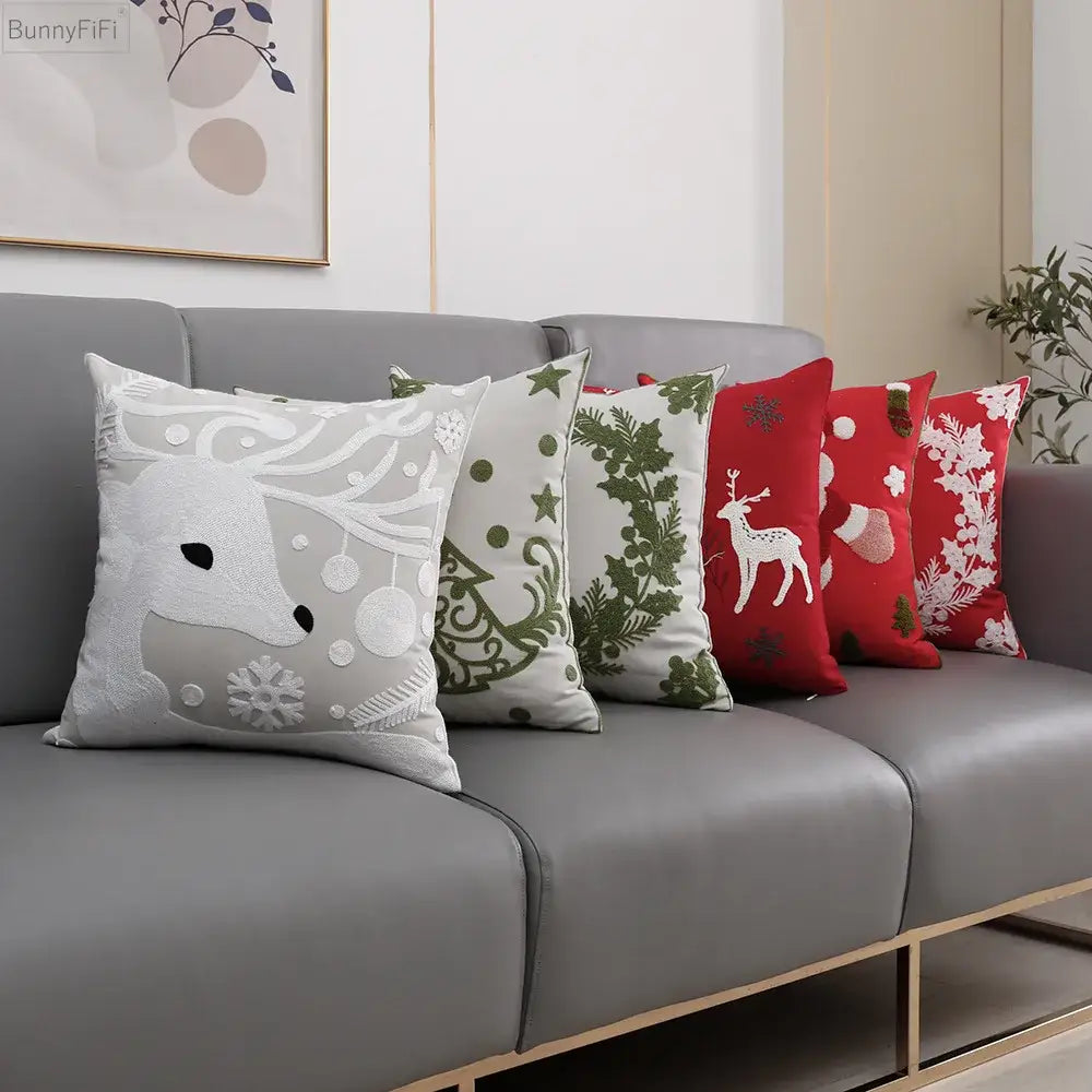 DecorBites™ Christmas Snowflake Deer Cushion Cover Green Red Square Embroidery Pillow Case 45x45cm