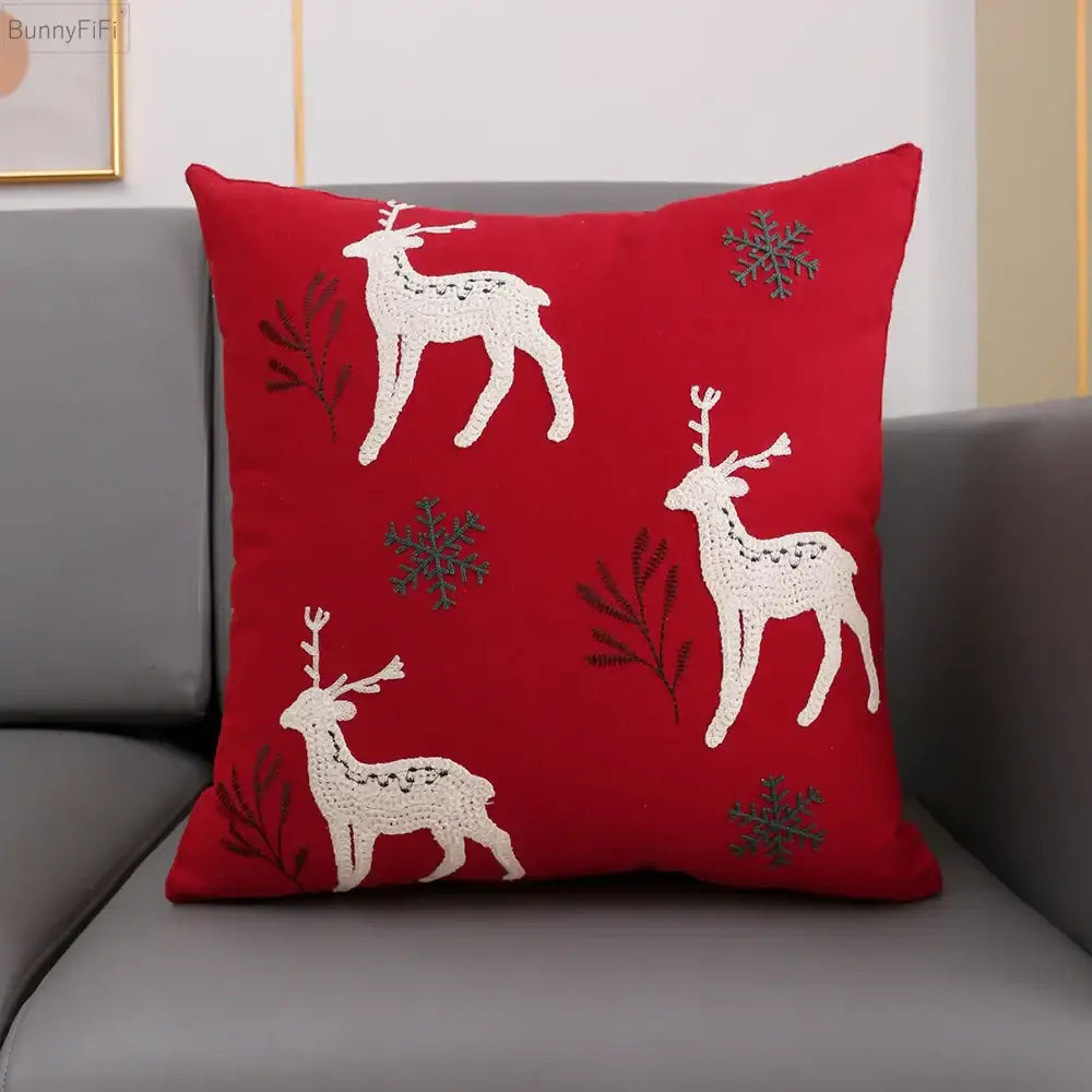 DecorBites™ Christmas Snowflake Deer Cushion Cover Green Red Square Embroidery Pillow Case 45x45cm