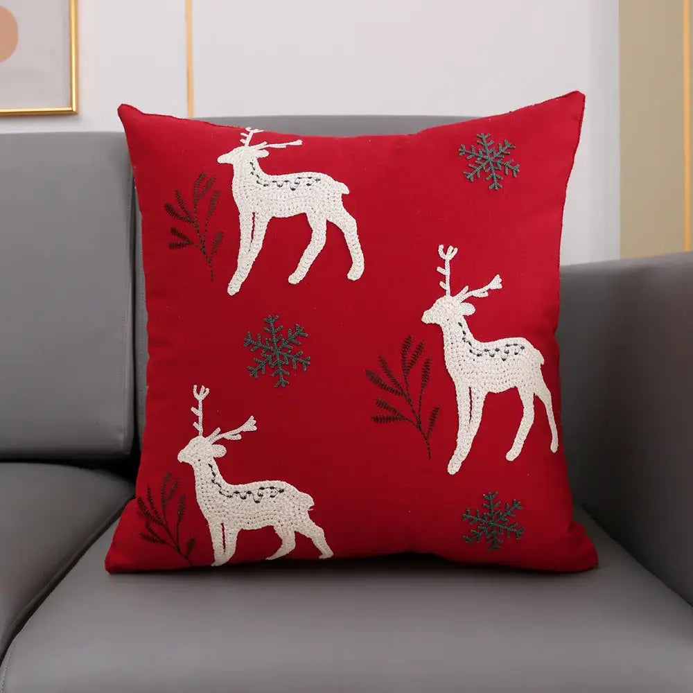DecorBites™ Christmas Snowflake Deer Cushion Cover Green Red Square Embroidery Pillow Case 45x45cm