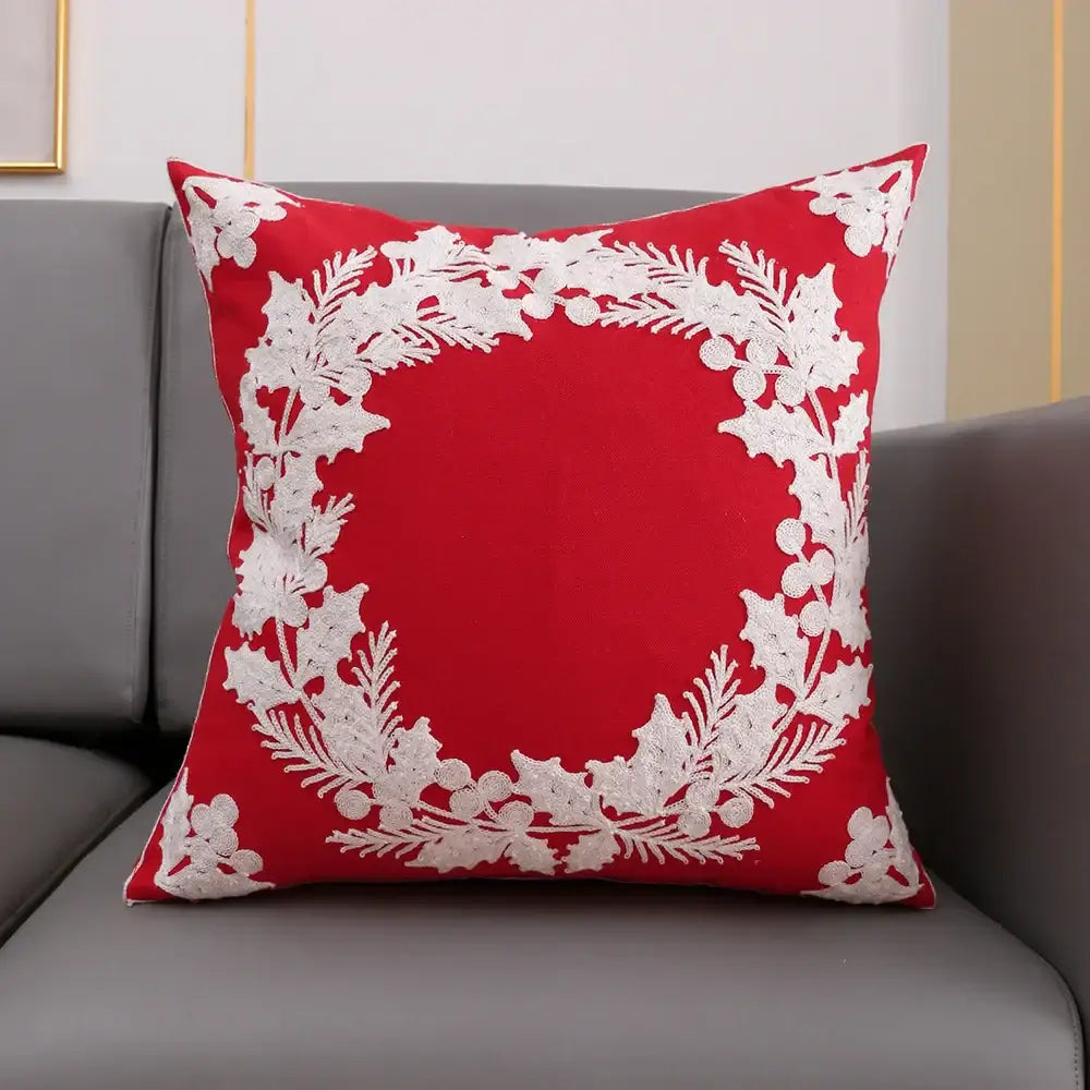 DecorBites™ Christmas Snowflake Deer Cushion Cover Green Red Square Embroidery Pillow Case 45x45cm