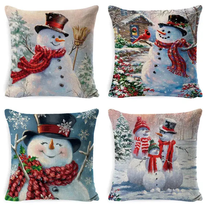 DecorBites™ Christmas Snowman & Santa Claus Linen Pillow Cover for Festive Living Room Decor