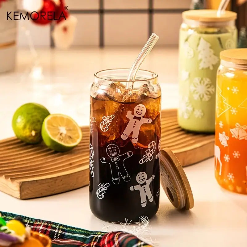 DecorBites™ Christmas Themed Glass Beer Can Mug with Lid and Straw | Festive Xmas Tree and Elk Design