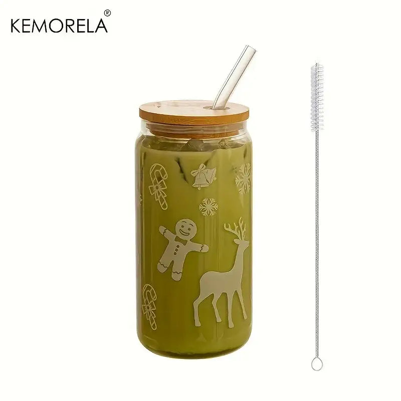 DecorBites™ Christmas Themed Glass Beer Can Mug with Lid and Straw | Festive Xmas Tree and Elk Design