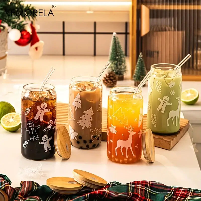 DecorBites™ Christmas Themed Glass Beer Can Mug with Lid and Straw | Festive Xmas Tree and Elk Design