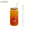 DecorBites™ Christmas Themed Glass Beer Can Mug with Lid and Straw | Festive Xmas Tree and Elk Design