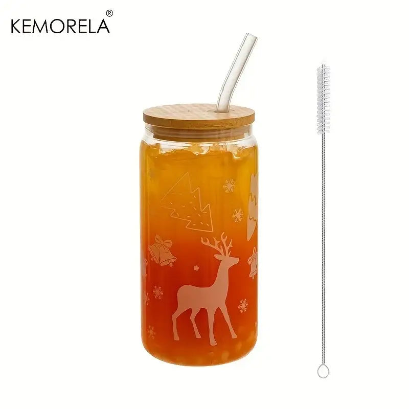 DecorBites™ Christmas Themed Glass Beer Can Mug with Lid and Straw | Festive Xmas Tree and Elk Design