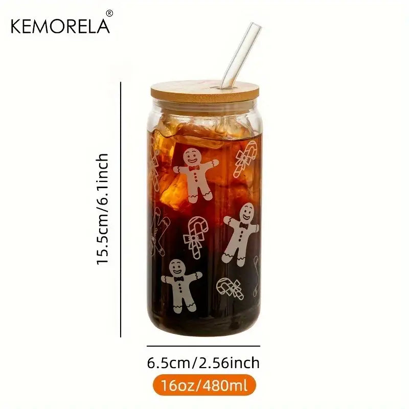 DecorBites™ Christmas Themed Glass Beer Can Mug with Lid and Straw | Festive Xmas Tree and Elk Design