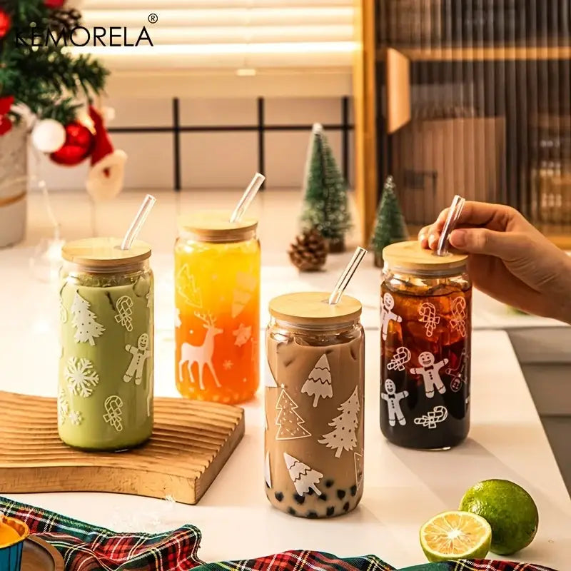 DecorBites™ Christmas Themed Glass Beer Can Mug with Lid and Straw | Festive Xmas Tree and Elk Design