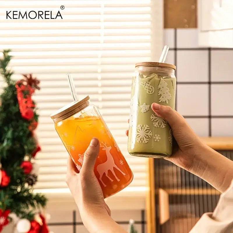 DecorBites™ Christmas Themed Glass Beer Can Mug with Lid and Straw | Festive Xmas Tree and Elk Design