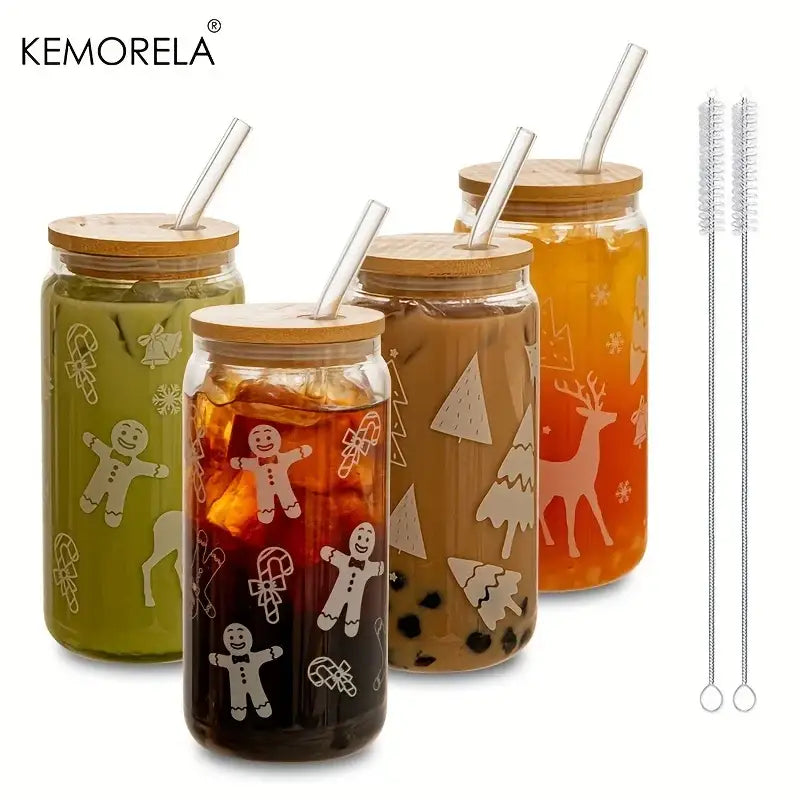 DecorBites™ Christmas Themed Glass Beer Can Mug with Lid and Straw | Festive Xmas Tree and Elk Design