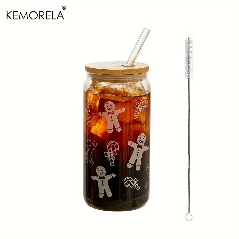 DecorBites™ Christmas Themed Glass Beer Can Mug with Lid and Straw | Festive Xmas Tree and Elk Design