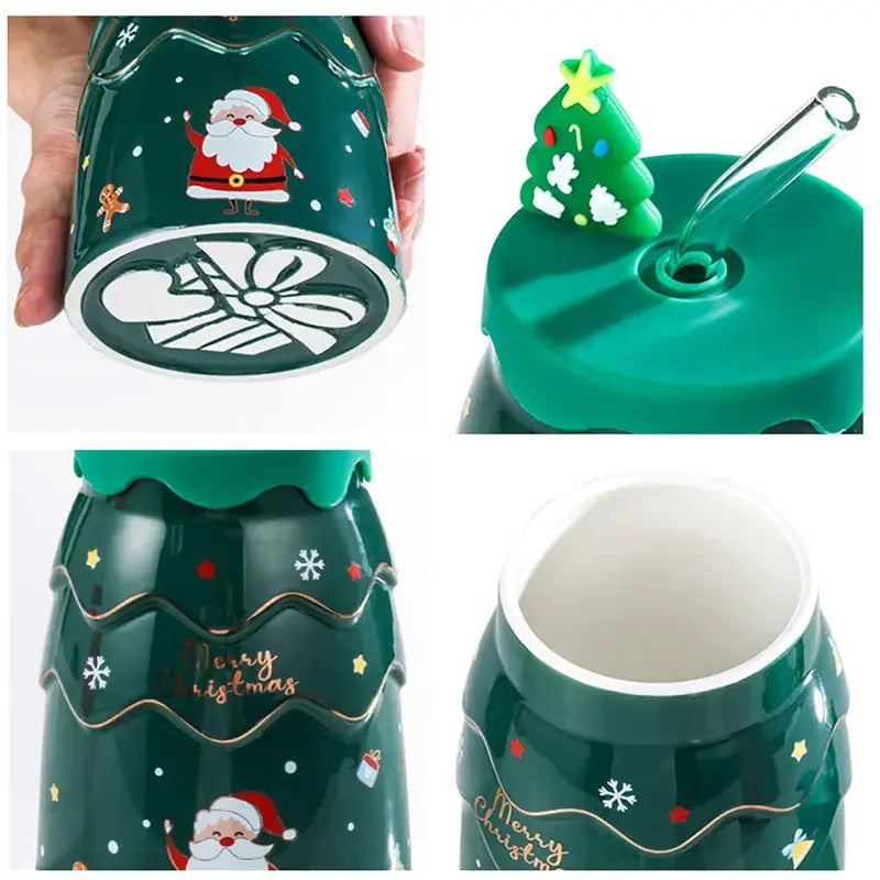 كوب سيراميك شجرة الكريسماس من DecorBites™ مع غطاء وماصة لهدايا الكريسماس