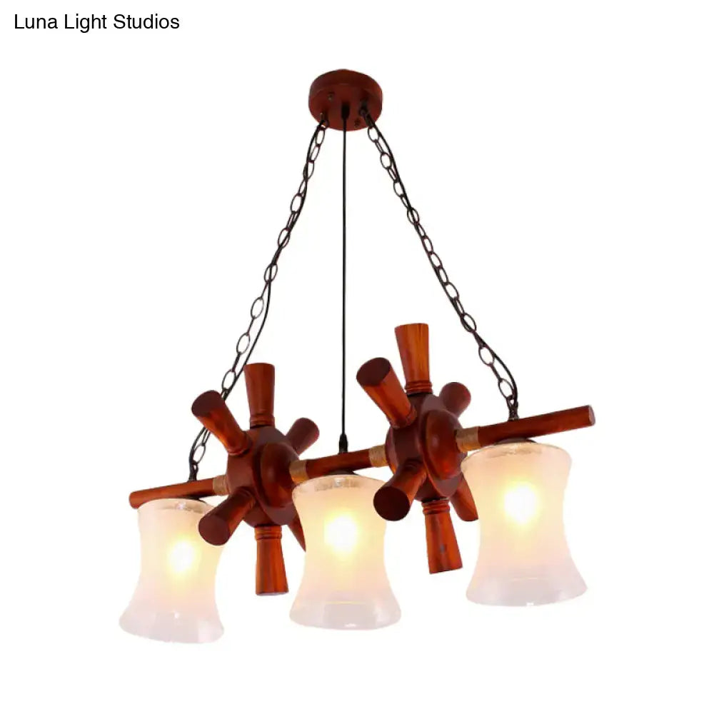 DecorBites™ Classic Cream Crackle Glass 3-Light Brown Pendant Light Kit for Dining Room Island with Flared Design and Wood Rudder Deco