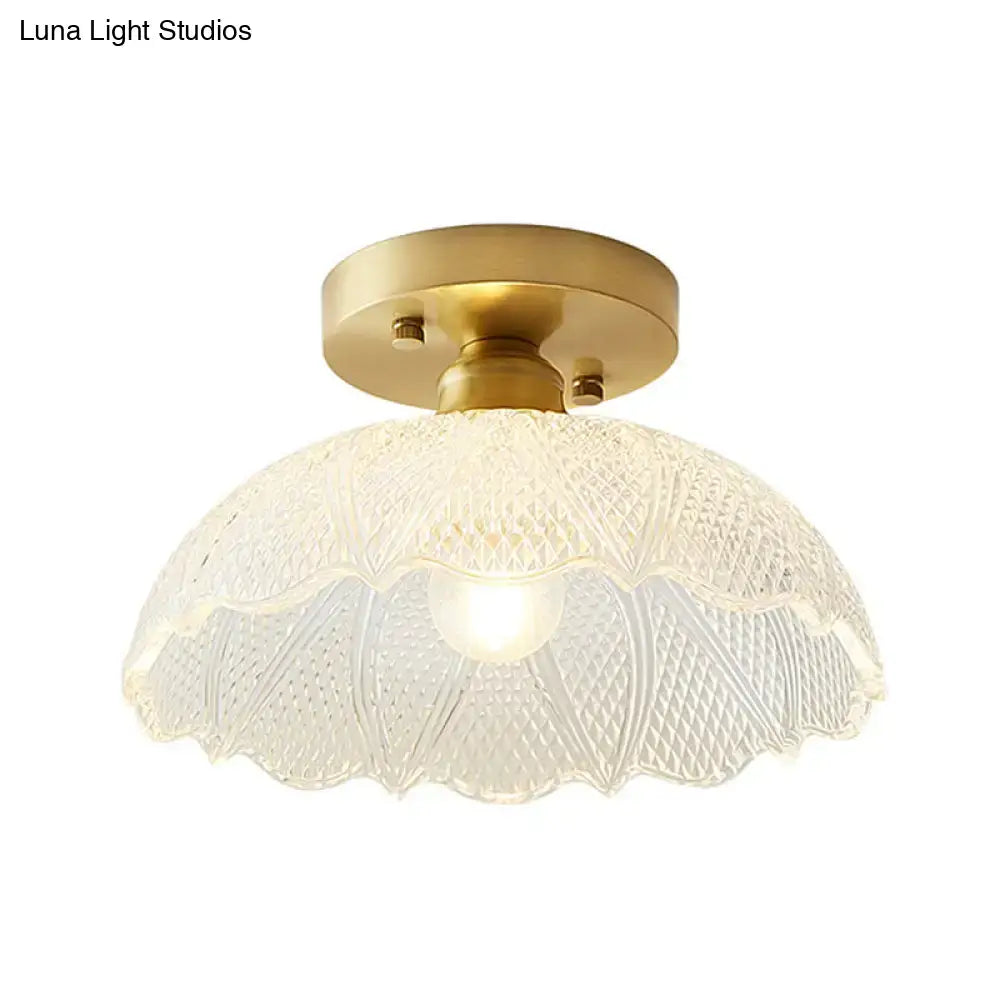 DecorBites™ classic glass ceiling light fixture with brass lamp holder and patterned translucent white glass shade for corridors