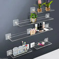 Decorbites™ clear acrylic wall mounted shelves with transparent adhesive backing plates for organized storage