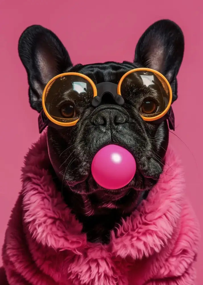 A black french bulldog wearing colorful dog sunglasses and a pink coat with bubblegum featured in decorbites™ wall art