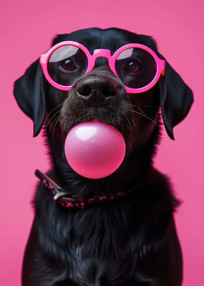 Decorbites™ colorful dog sunglasses wall art featuring a black labrador with bright pink round bubblegum sunglasses