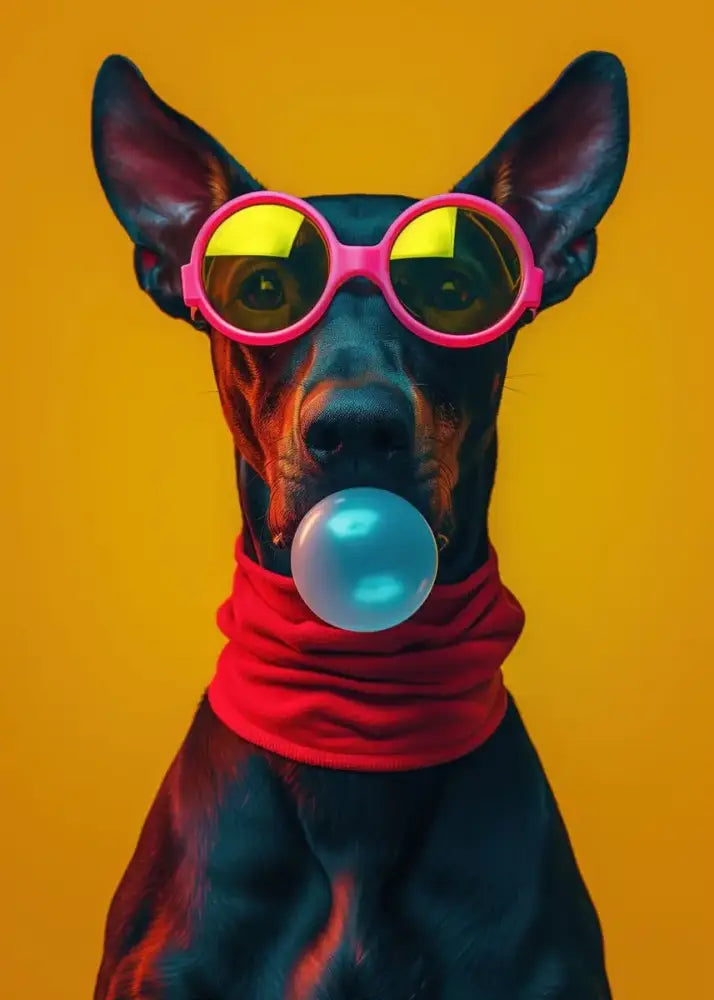 Doberman pinscher wearing colorful dog sunglasses and a red scarf blowing a blue bubble on decorbites wall art
