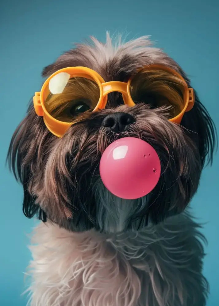 Decorbites colorful dog sunglasses canvas wall art featuring a fluffy brown and white dog with bubblegum sunglasses