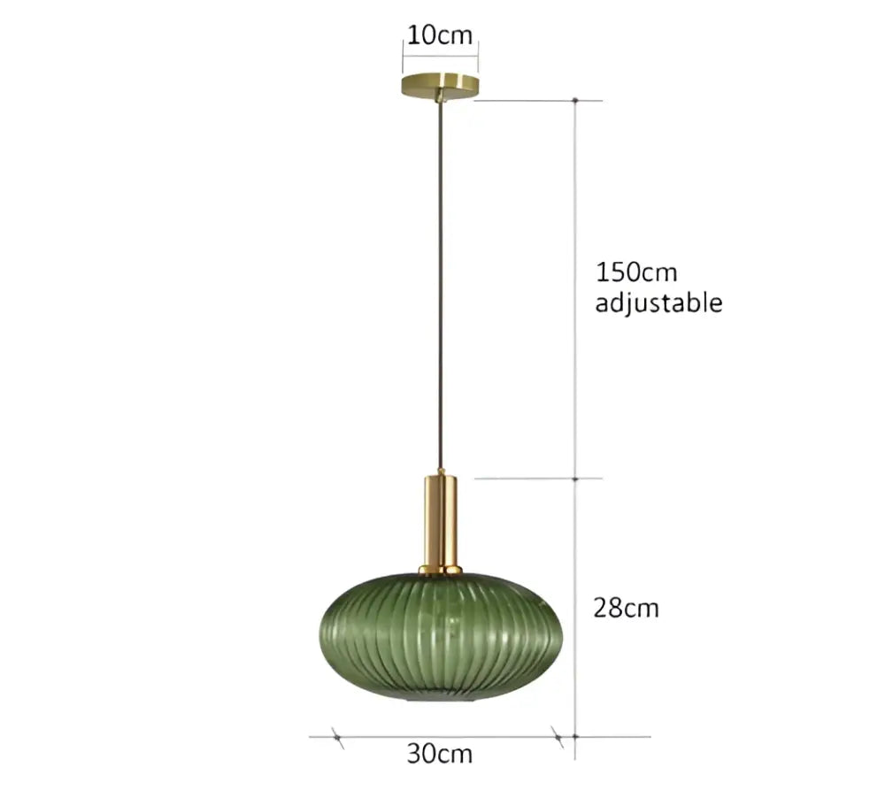 DecorBites™ colorful glass pendant lights featuring a green ribbed glass shade with brass accents and adjustable chain